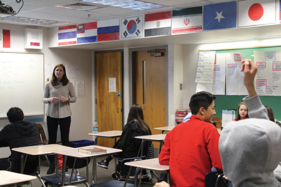Andrea Aldridge teaches a class of freshmen English language learners.