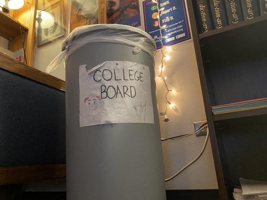A couple of years ago, an AP student drew this sign and put it on a trash can in Mhari Doyle’s AP Language and Composition class. Many students hold the belief that the College Board is a messy organization that needs a lot of changes. The lack of subject tests and the optional essay are two very big changes for the College Board that will hopefully make life easier for high school students. “For me at least, [subject tests] felt like one more test to stress about,” said junior Sirinya Frankel, who took the Spanish subject test. 