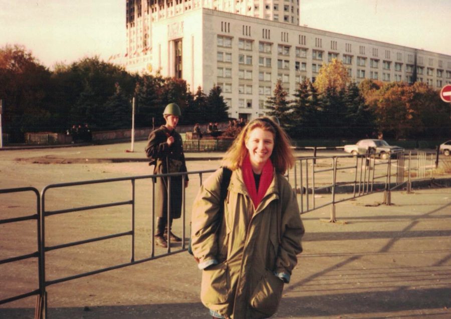Young social studies Kristina Bybee studying abroad in Russia. This was taken in front of a destroyed and charred Belyy Dom, which is the Russian equivalent of the White House. In her time abroad, she experienced history in the form of communist and democratic rallies. 