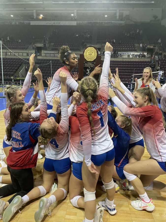 Creek+volleyball+players+celebrate+their+state+championship+win.+It+was+their+first+since+2008.