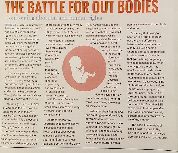 Regis Jesuit High Schools principal and president said they fired the advisors to their student magazine program and retracted the winter issue in its entirety over a pro-choice op-ed. The op-ed, pictured above, mostly argued for the safety of anti-abortion laws and the human rights involved.