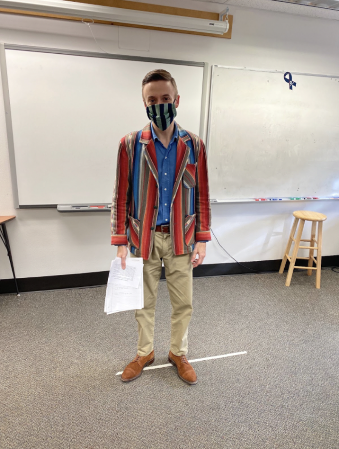 Thursday was very colorful with a multicolor striped jacket, a blue shirt, caci pants, a red belt, and to top it off a green and blue striped mask. “My teaching style is definitely intended to grab attention,” Woolsey said. “I want my lesson to stand out in your mind at the end of the day, the same way my outfits do.”