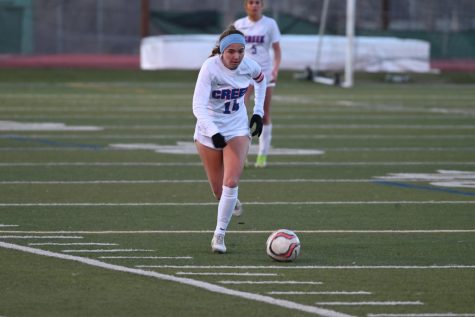 Senior midfielder Alyssa Glover dribbling a ball downfield. Glover put up the sole offensive play with the only goal in the win. Photo courtesy of Lisa DAmbrosia