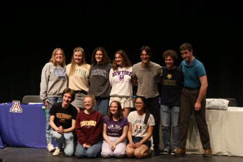 Eleven seniors planning to attend college for fine arts degrees participated in Fine Arts Signing Day, where graduating students are honored for their time in Creek fine arts programs. Theatre director Alex Burkart, choir director Sarah Harrison, band director Tim Libby, and orchestra director Jennifer Poole all introduced some of their students and their future plans on stage. From left, top row: Addison Niehoff, Lexi Casey, Ren Becerra, Bella Mitchell, Riccardo D’Urso, Caleb Meyerhoff, Paul Marshall. From left, bottom row: Alex Mitchell, Lizzie Esses, Sara Manos, Erika Liu.