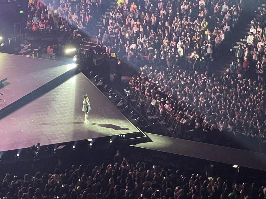 Billie Eilish performing “ilomilo” during her “Happier Than Ever: The World Tour” concert at Ball Arena on March 19, as seen from the nosebleeds.