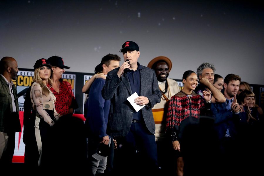 Marvel Studios President Kevin Feige appears beside MCU stars at San Diego Comic Con 2019. SDCC has often served as a platform for Marvel to announce upcoming projects and casting. In 2022, Feige announced phase 5 and part of phase 6 of the MCU.