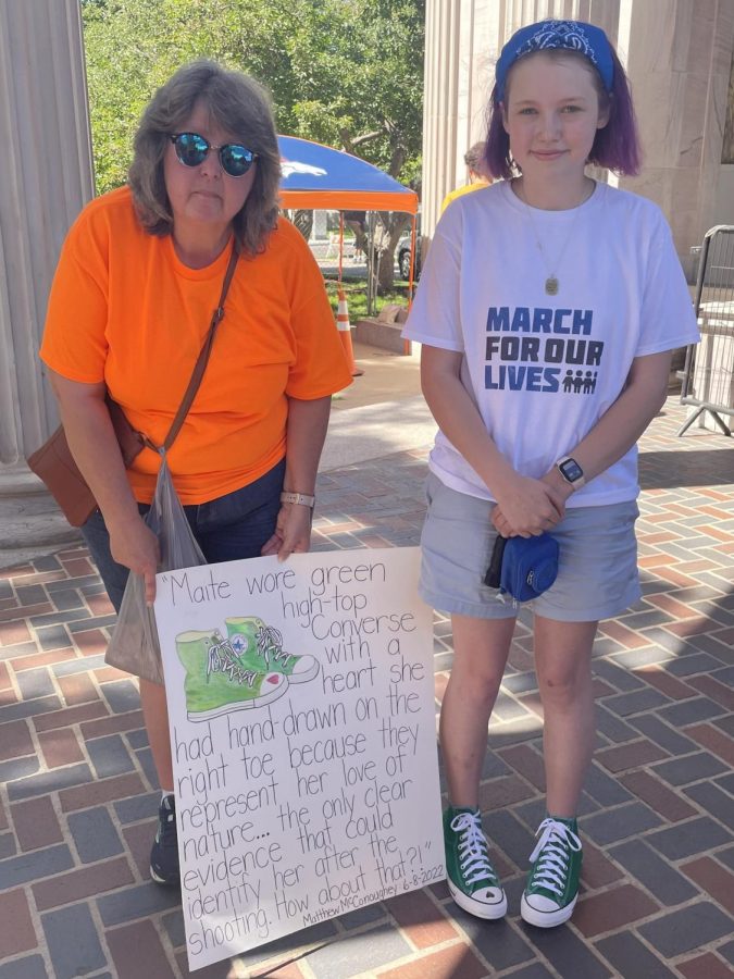 June 11 – After the Uvalde mass shooting in Texas, March For Our Lives, a youth-led gun control organization held a protest on the steps of the Capital. The poster board shown in the photo had a quote from a speech made by Matthew McConaughey about a student, nine-year-old Maite Rodriguez, who died in the Uvalde shooting. This quote was incredibly impactful due to the meaning behind it, when police searched the school, everything was so gory that the only way they could identify her was by her green shoes with a heart on the right foot. It was later explained in the speech that Maite wore the shoes because of her extreme love for nature. – Web Editor Izzy Krauss
