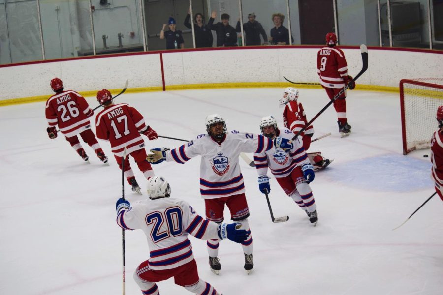 Creek+varsity+hockey+players+celebrate+after+junior+center+and+right+winger+Larenz+Johnson+%28%2323%29+scores+a+goal+in+the+second+period.+Creek%E2%80%99s+junior+varsity+and+varsity+teams+competed+against+Regis+Jesuit+teams+at+the+Family+Sports+Center+Avalanche+Rink+on+Friday+night.+Creek%E2%80%99s+Junior+Varsity+team+beat+Regis+2-1+after+a+third+period+goal+by+senior+center+and+right+winger+Finn+McCarthy+%28%234%29%2C+and+the+varsity+team+tied+3-3+with+Regis+after+the+penalty+shot+made+by+senior+center+and+right+winger+Ayden+Schmidt+%28%2317%29+in+the+third+period+and+five+minutes+of+overtime.
