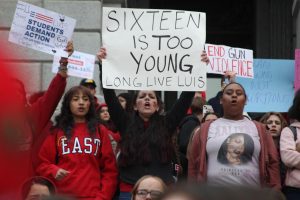 Denver East High School students chant Luis Garcia, say his name! on the west steps of the Capitol. Garcia, 16, an East student, died March 1 after being shot outside his school on Feb. 13. “I hope that we can start to see that students are safe and that nothing has to happen, for example, to such a good kid that Luis was, said East senior Wesley Krebs, a soccer teammate of Garcias.