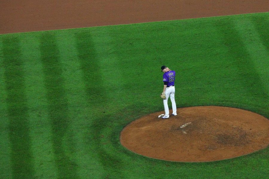 Colorado Rockies pitcher Daniel Bard stands alone on the mound during the ninth inning in a Sept. 10, 2022, Colorado Rockies game against the Arizona Diamondbacks. He had a 0.00 ERA in the game and got the save. Bard has publicly struggled with gametime anxiety, or the yips, since 2012. Despite returning to the majors in 2020 and improving his statistics to a career high in 2022, Bard began the 2023 season on the Injured List for anxiety.