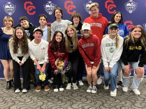 Senior thespians pose for a picture during Fine Arts Signing Day last year. Assistant Principal Krista Keogh, who was the Fine Arts liaison for 10 years and is a former Creek thespian herself, is behind the camera taking the photo. Keogh makes an effort to support students’ growth in theater and has formed personal connections with them over the years. “Getting to know the students and which parts theyre involved in … was important to me in that role,” Keogh said.