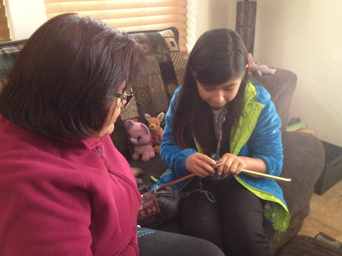 My grandmother and I would always knit together whenever she came over to visit, which was fairly often when I was younger. Now, though our visits are more sparse, we still make time to knit by each other's side.