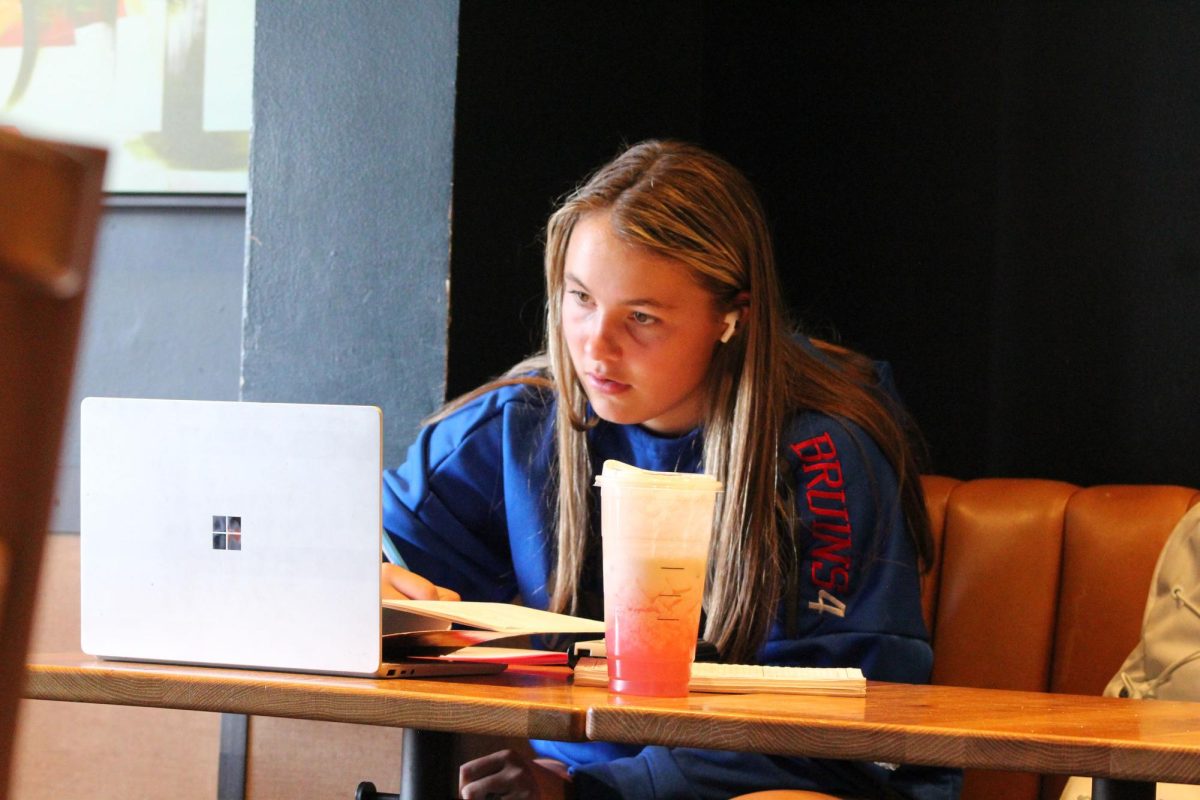 Sophomore+Addison+Beck+finishes+up+homework+at+the+Starbucks+on+Bellevue+Square%2C+which+closed+for+business+on+Oct.+13.+For+students+like+Beck%2C++this+Starbucks+location+was+part+of+their+daily+routine.+%E2%80%9CI+come+here+like+almost+every+day+after+school+because+thats+where+my+mom+picks+me+up%2C%E2%80%9D+Beck+said+before+the+closure.+%E2%80%9CAnd+it%E2%80%99s+great+because+%5Bit+has%5D+free+Wi+Fi+and+I+just+get+my+work+done.%E2%80%9D