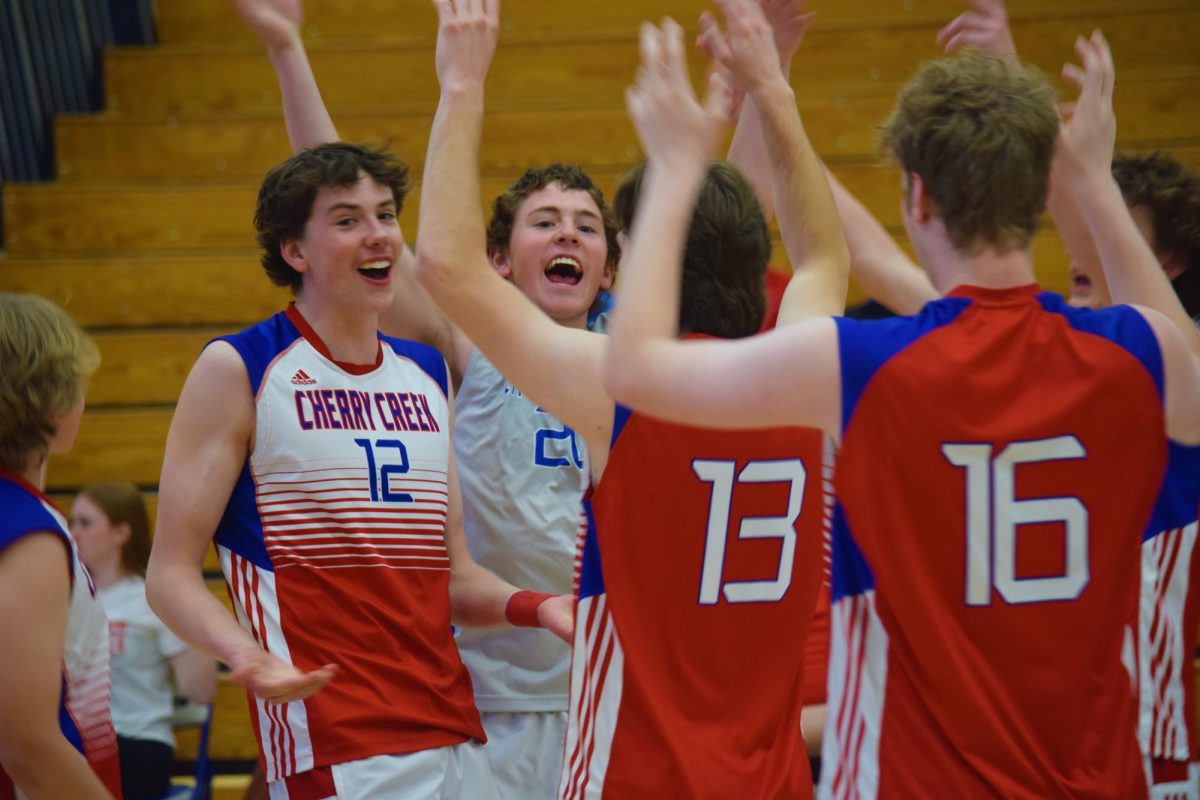 The+boys%E2%80%99+volleyball+team+celebrates+after+a+point+during+a+game+against+Grandview+on+April+9.+Creek+lost+3-0.