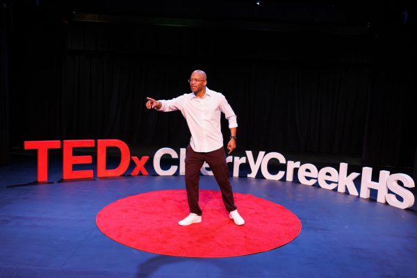 Author and social strategist 
Nick Shelton gives his talk at the 2023
 TEDxCherryCreekHS event, hosted by 
now freshman Michael Zhang when he was an eighth grader at Campus Middle School. “I felt really comfortable up there,” Shelton said.