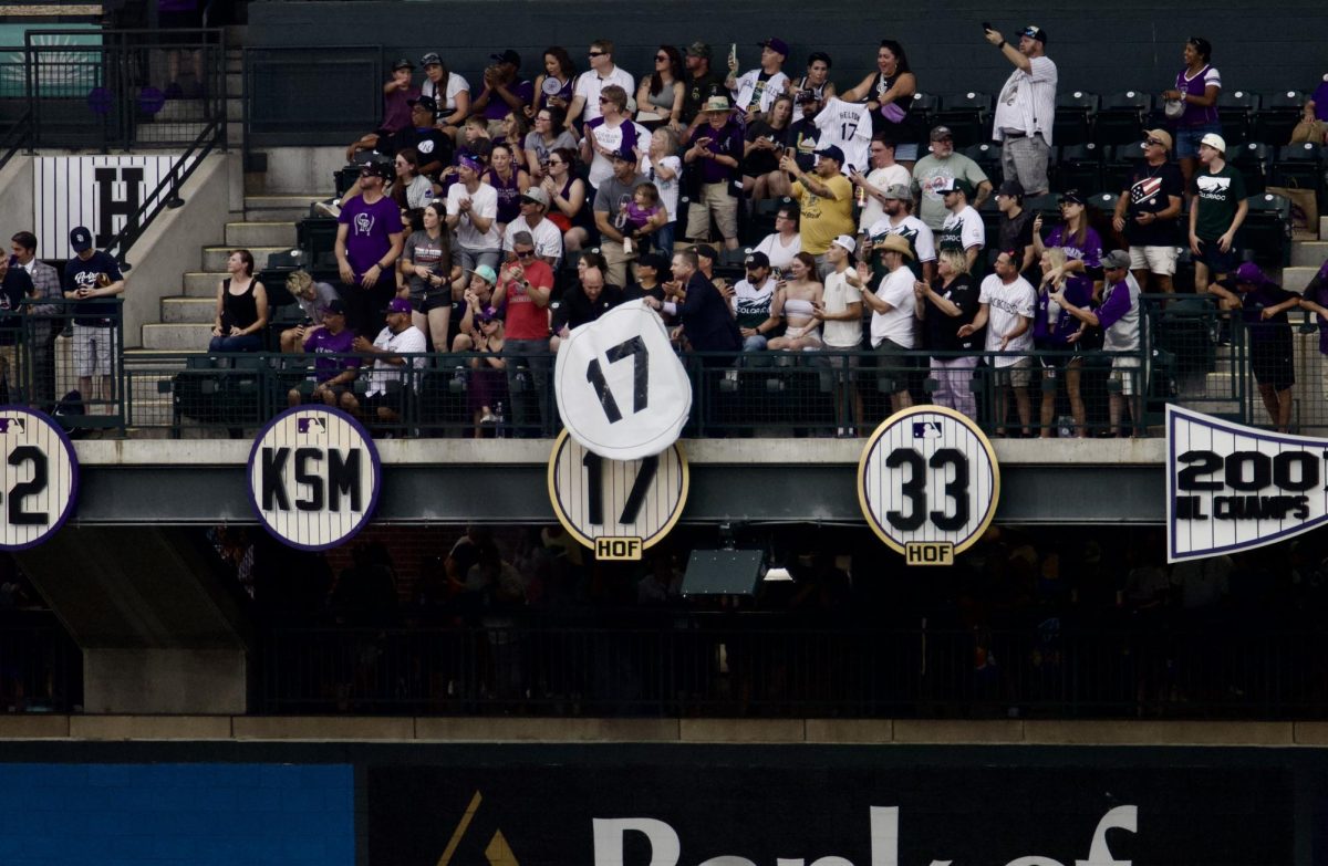 Next to Hall of Fame Rockie Larry Walker’s retired “33,” Jackie Robinson’s “42,” and former Rockies president Keli McGregor’s memorial “KSM,” Todd Helton’s new “17” is unveiled to the crowd at Coors Field at Todd Helton Night on Saturday. Because he was such a legendary player for the franchise, his number had already been retired - exactly a decade ago on Aug. 17, 2014. Only after his 2024 Hall of Fame induction could the plate be marked with a golden frame.