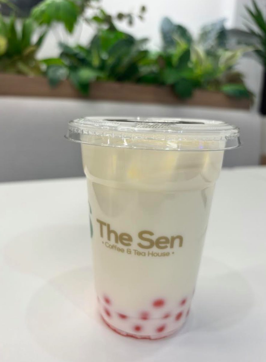 Jasmine milk tea with strawberry popping boba from From Sen Tea and Coffee House. 