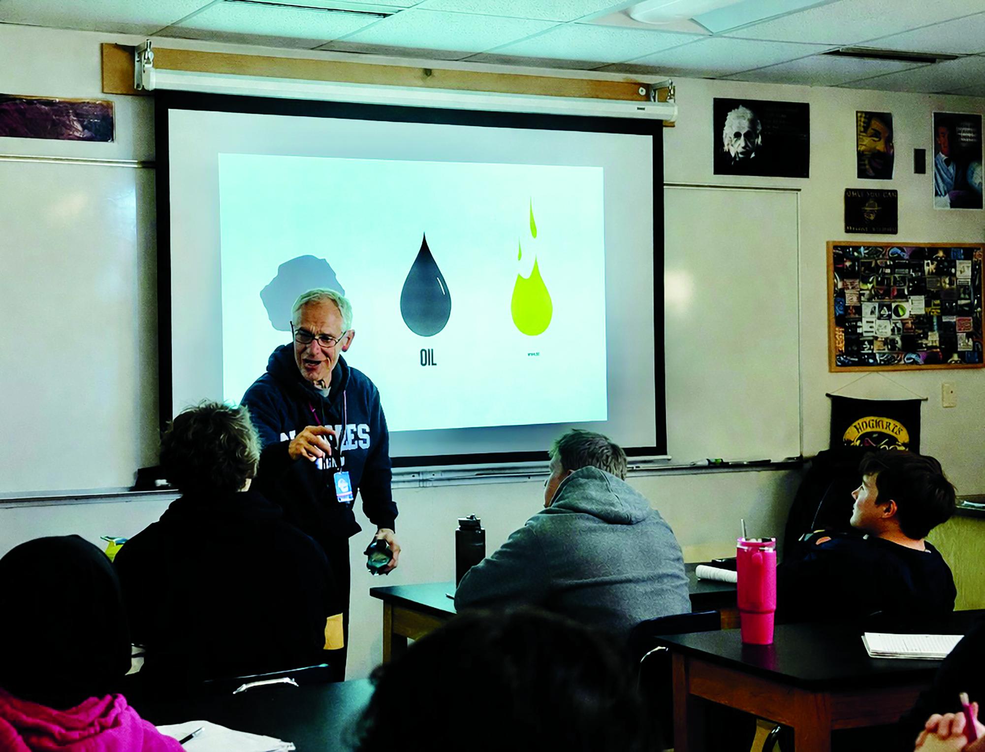 Substitute teacher Michael Storin leads an environmental science class with one of his beloved stories.