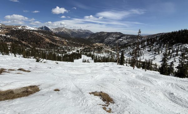 A view from the top of Monarch Mountain’s “Mirage” run, riddled with dirt patches, slush, and exposed stumps on March 29. Monarch closed two weeks earlier than last year, and like every Colorado mountain, experienced worse tourism, snowpack, and temperatures this ski season.